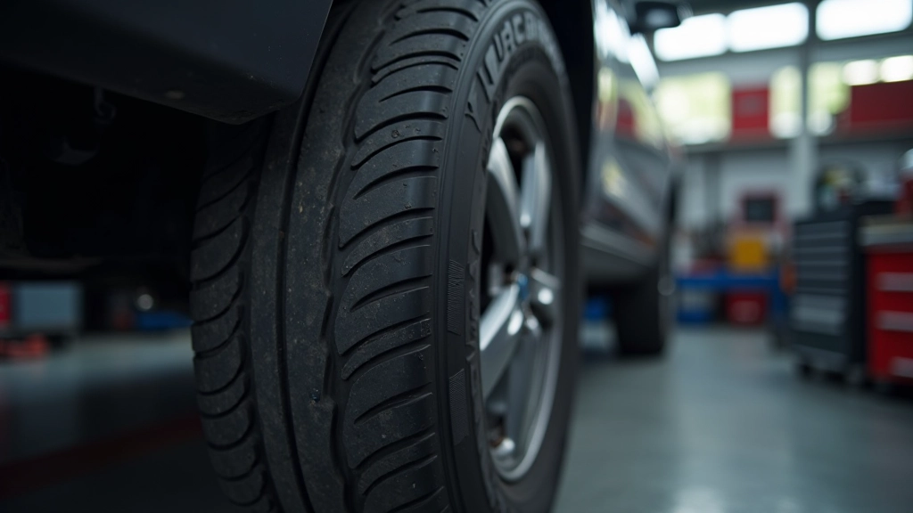 Pneus automobiles usés alignés montrant différents niveaux d'usure et d'épaisseur de bande de roulement