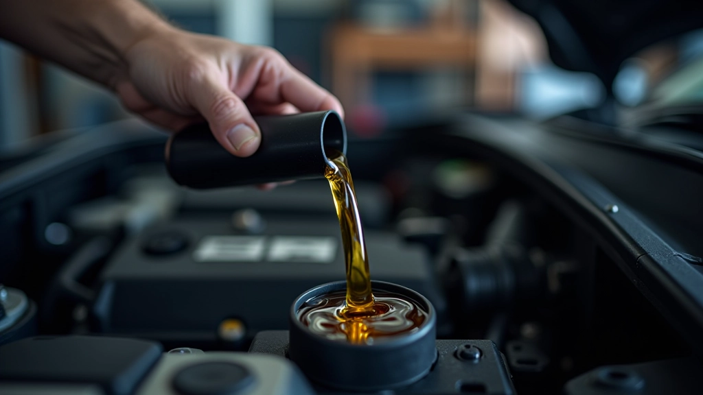 Bidon d'huile moteur versé dans le carter d'un véhicule lors d'une vidange automobile