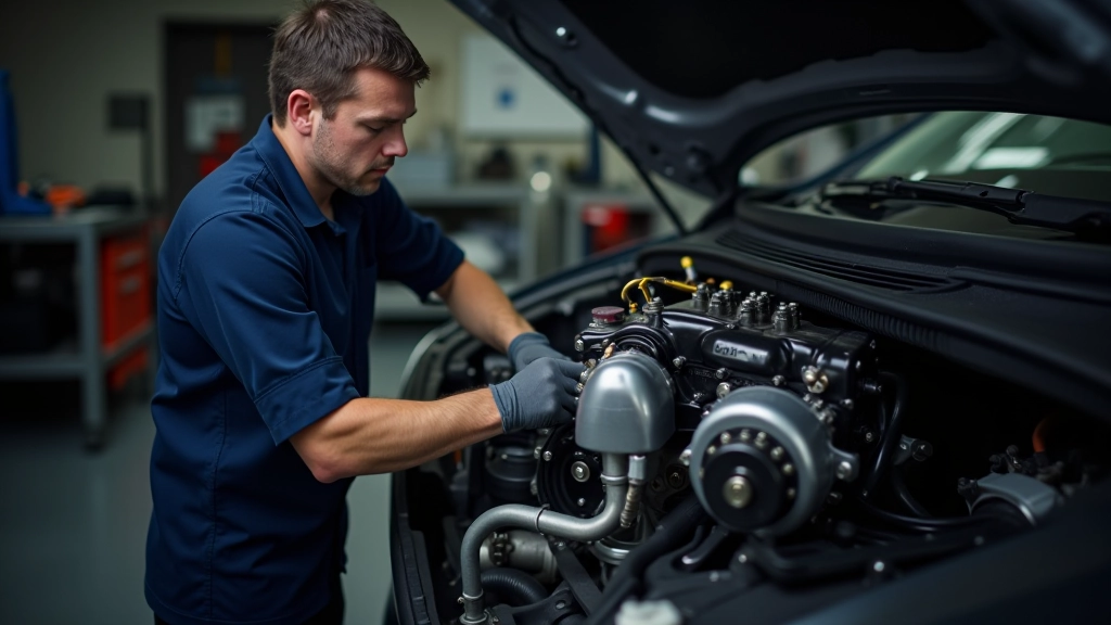 Moteur diesel avec pièces mécaniques visibles et entretien en cours