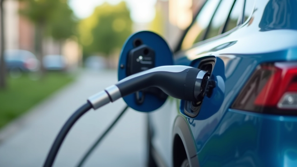 Voiture électrique branchée à une borne de recharge rapide avec indicateur de charge