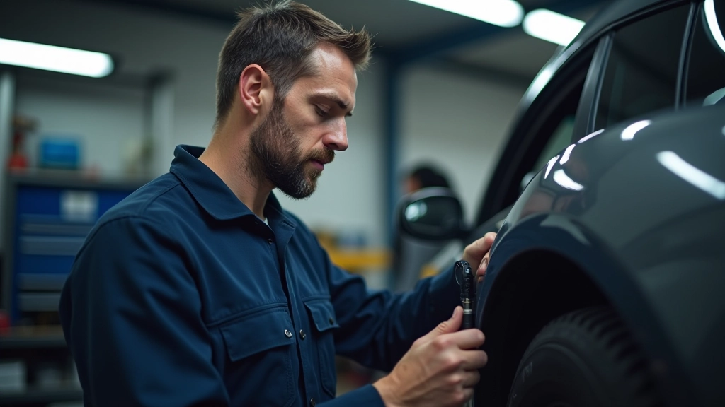 Mécanicien vérifiant l'usure des pneus d'une voiture en atelier