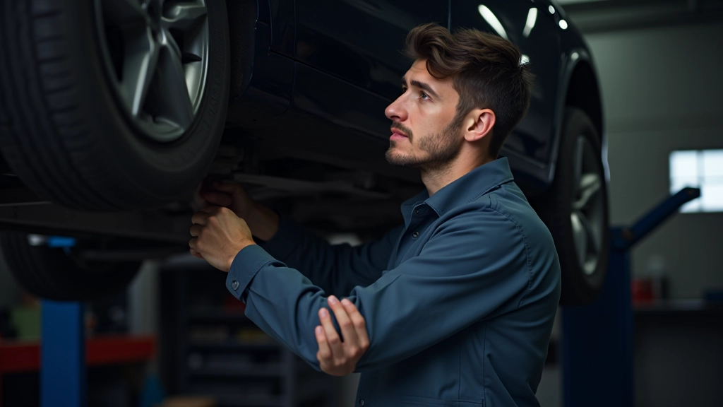 Mécanicien effectuant un entretien automobile avec outils et pièces détachées