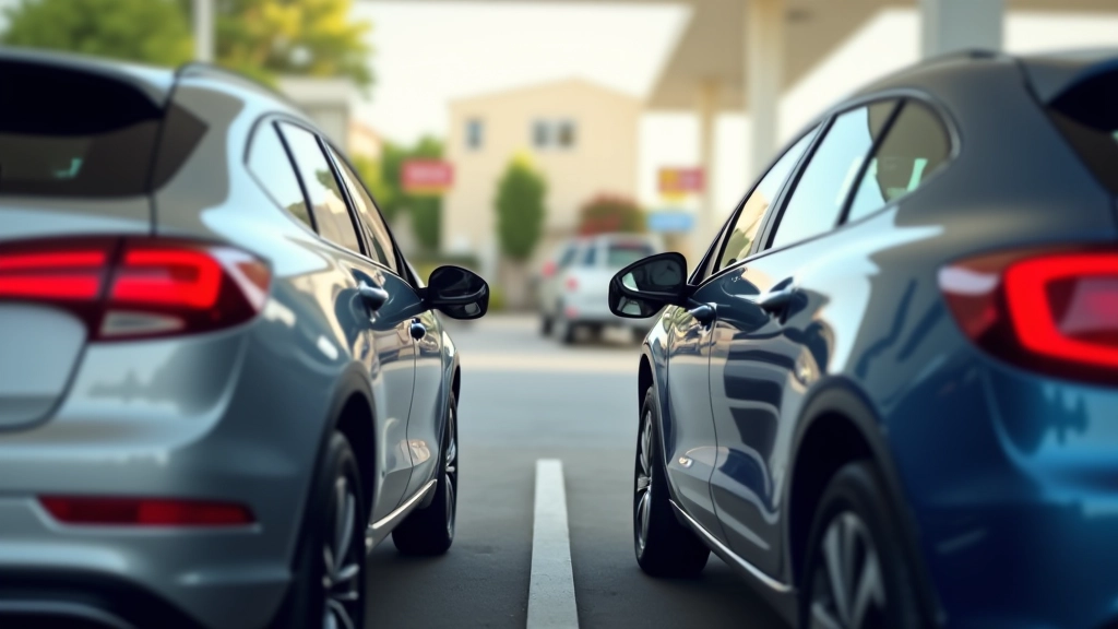 Voiture essence et diesel côte à côte avec symboles de coûts comparés