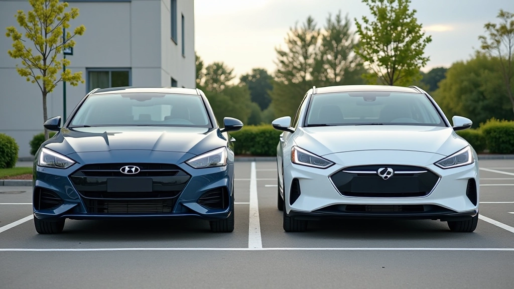Deux voitures garées côte à côte, essence et électrique, comparaison visuelle