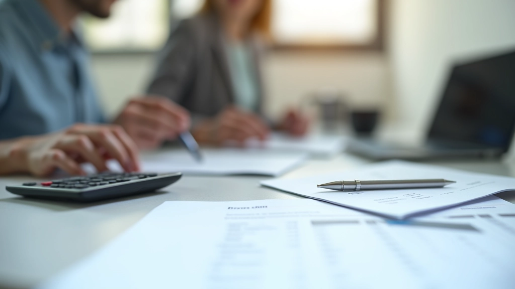 Espace de travail professionnel avec documents budgétaires, calculatrice et analyses financières automobiles sur bureau